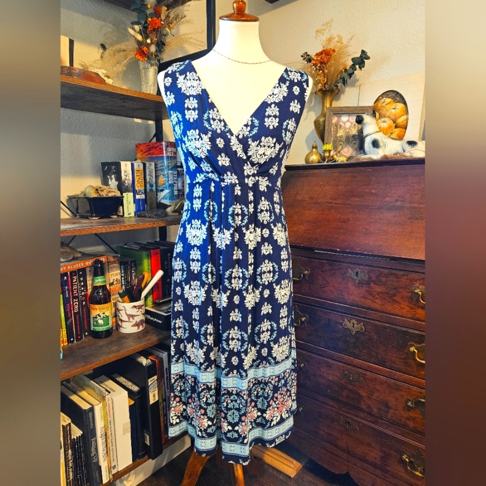 St John's Bay Dress Size Small Blue White Floral Sleeveless
